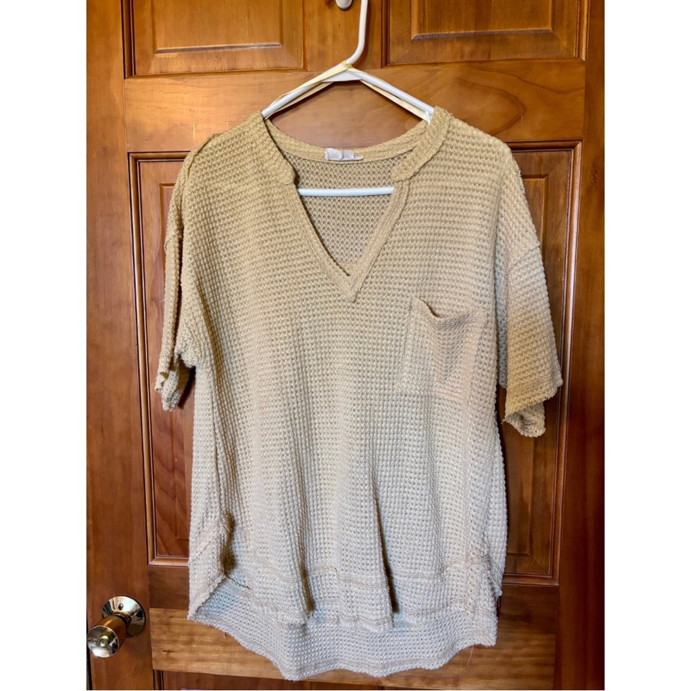 Pale Mustard Yellow Waffle Knit V-Neck Top